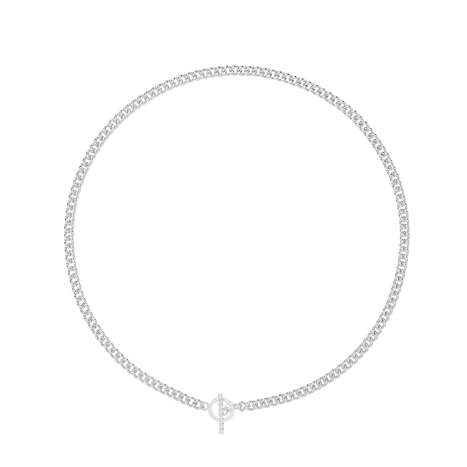 The STERLING SILVER ALBERT T-BAR TOGGLE CURB CHAIN necklace is shown in a circular arrangement with a round clasp on a white background.