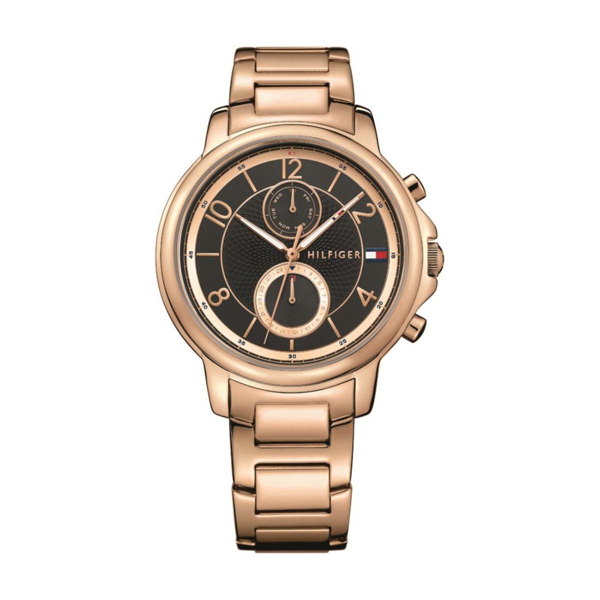 The Tommy Hilfiger Claudia 1781820 is a rose gold wristwatch featuring a black dial, three subdials, gold hour markers, and a metal link band.