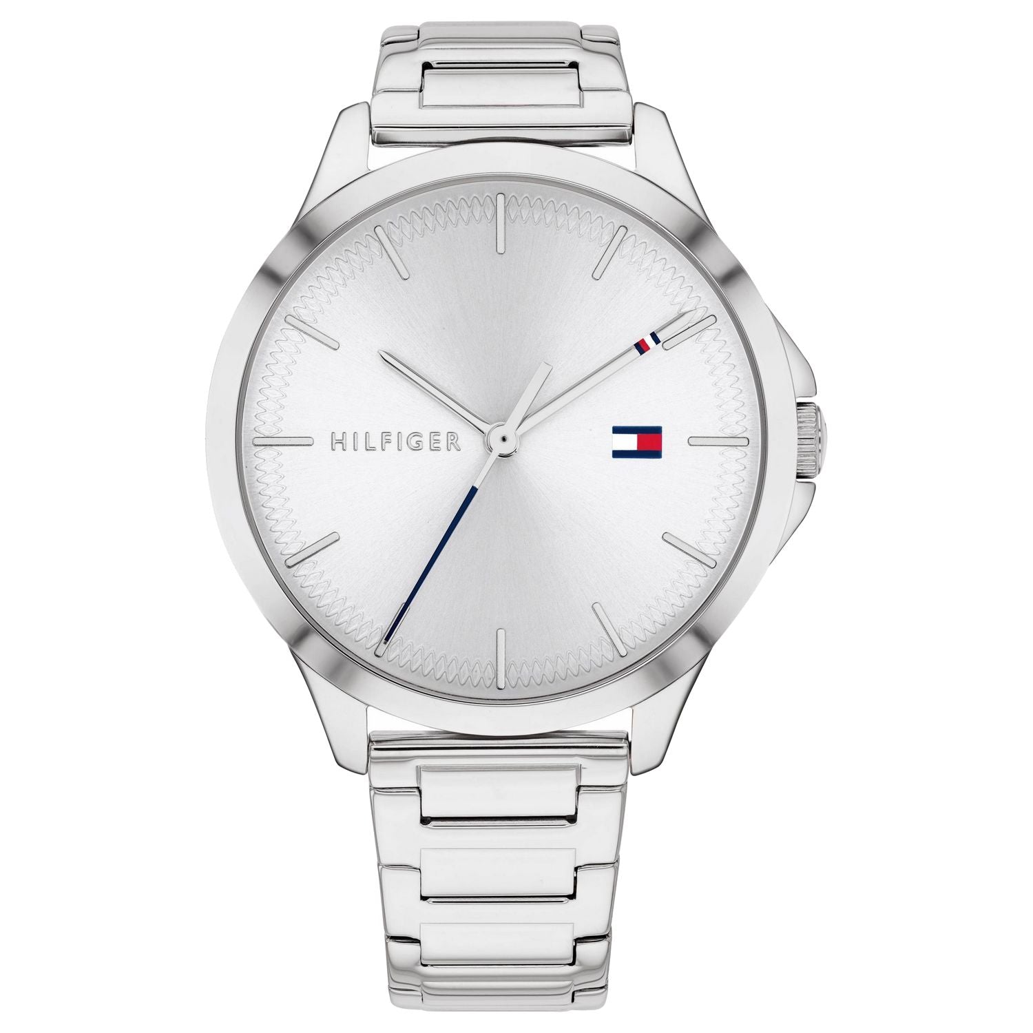 The Tommy Hilfiger 1782085 Ladies Silver Tone Watch features a minimalist design, metal band, and iconic branding on the dial and second hand.