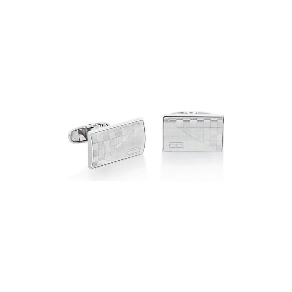 Tommy Hilfiger Stainless Steel Rectangle Cufflinks 2701092 feature a subtle checkered pattern and are displayed on a white background.