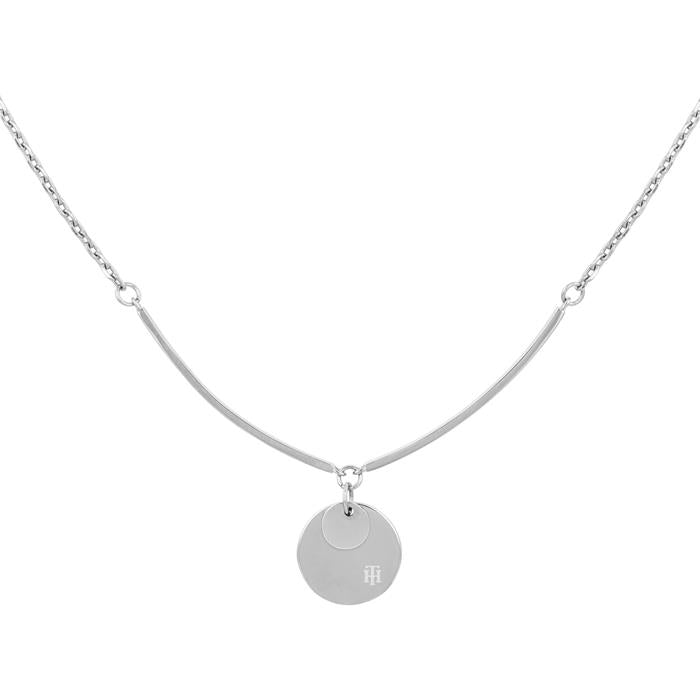 The TOMMY HILFIGER Ladies Silver Tone Dressed Up Necklace 2780279 features a curved bar, a small round "TH" engraved pendant, and an adjustable silver chain for the perfect fit.