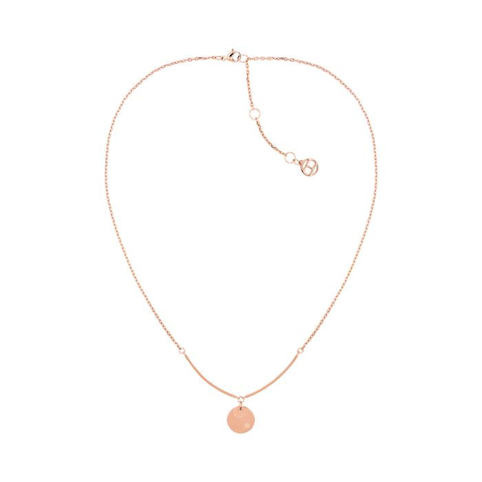 The TOMMY HILFIGER Double Disc Stainless Steel Rose Gold Tone Necklace 2780281 features an adjustable rose gold chain and two small round disc pendants at the center.
