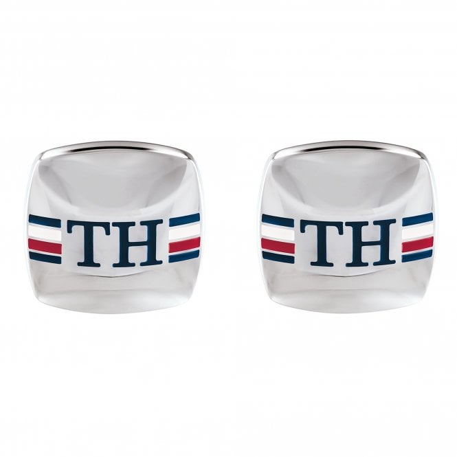 Tommy Hilfiger Stainless Steel Square Cufflinks 2790175 feature "TH" initials and bold red, white, and blue stripes on each cufflink.