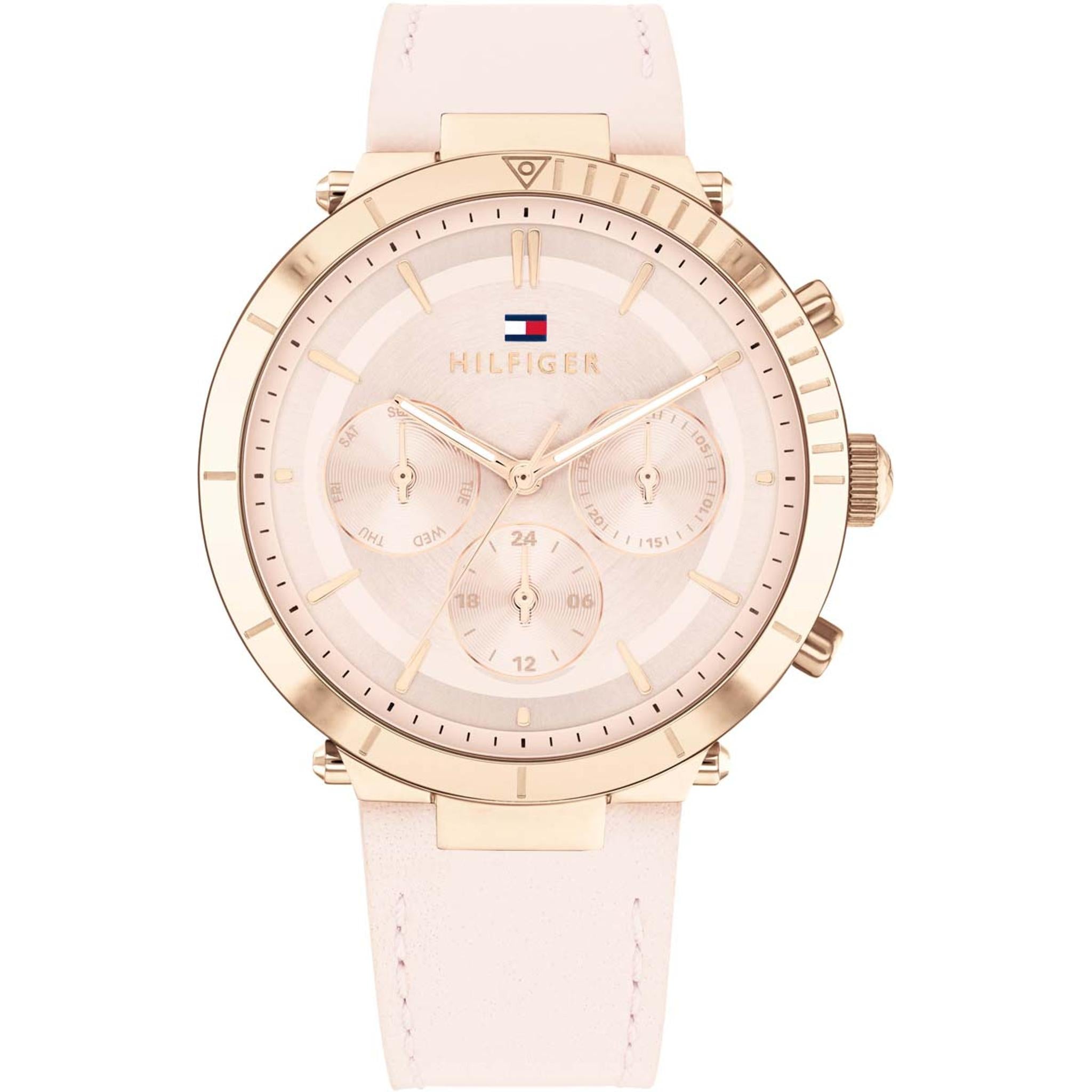 The Tommy Hilfiger 1782351 Emery Women's watch features a pink leather strap, three subdials, and the iconic logo on the face.