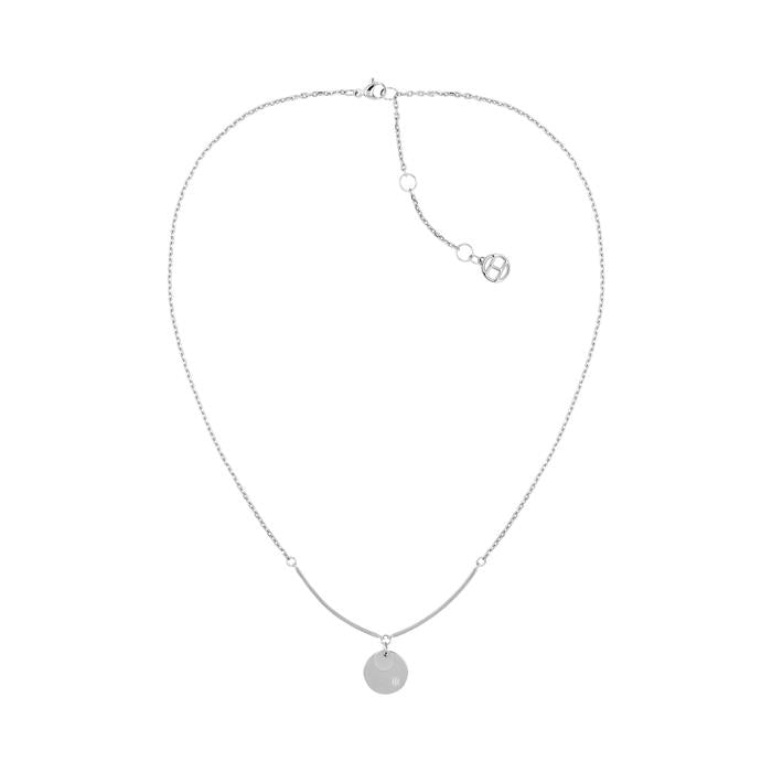 The Tommy Hilfiger (2780486) Orb Two Tone Women's Necklace features a round, flat pendant and adjustable clasp in stainless steel—ideal for adding subtle elegance to any outfit.