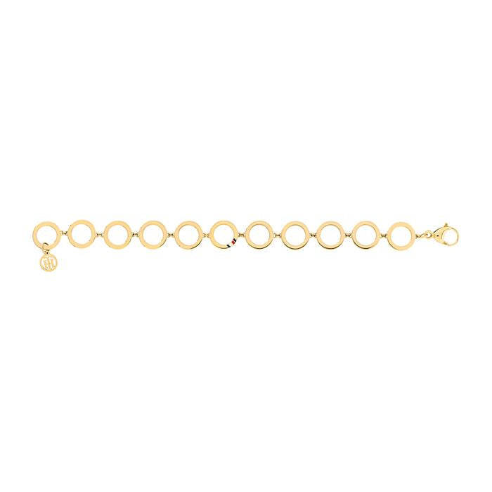The TOMMY HILFIGER Ladies Dressed Up Gold-tone Bracelet 2780312 features open gold links, a round charm, and a secure lobster clasp—perfect for adding elegance to any look.