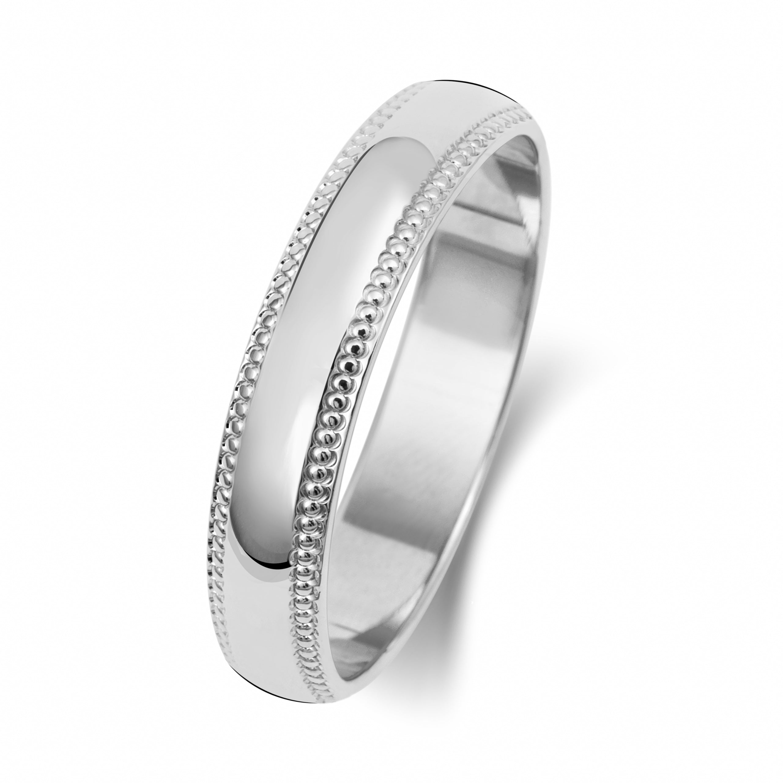 The 9CT WHITE GOLD 4MM D SHAPE MILL EDGE WEDDING RING features a polished finish with a plain center and elegant millgrain edges, shown against a white background.