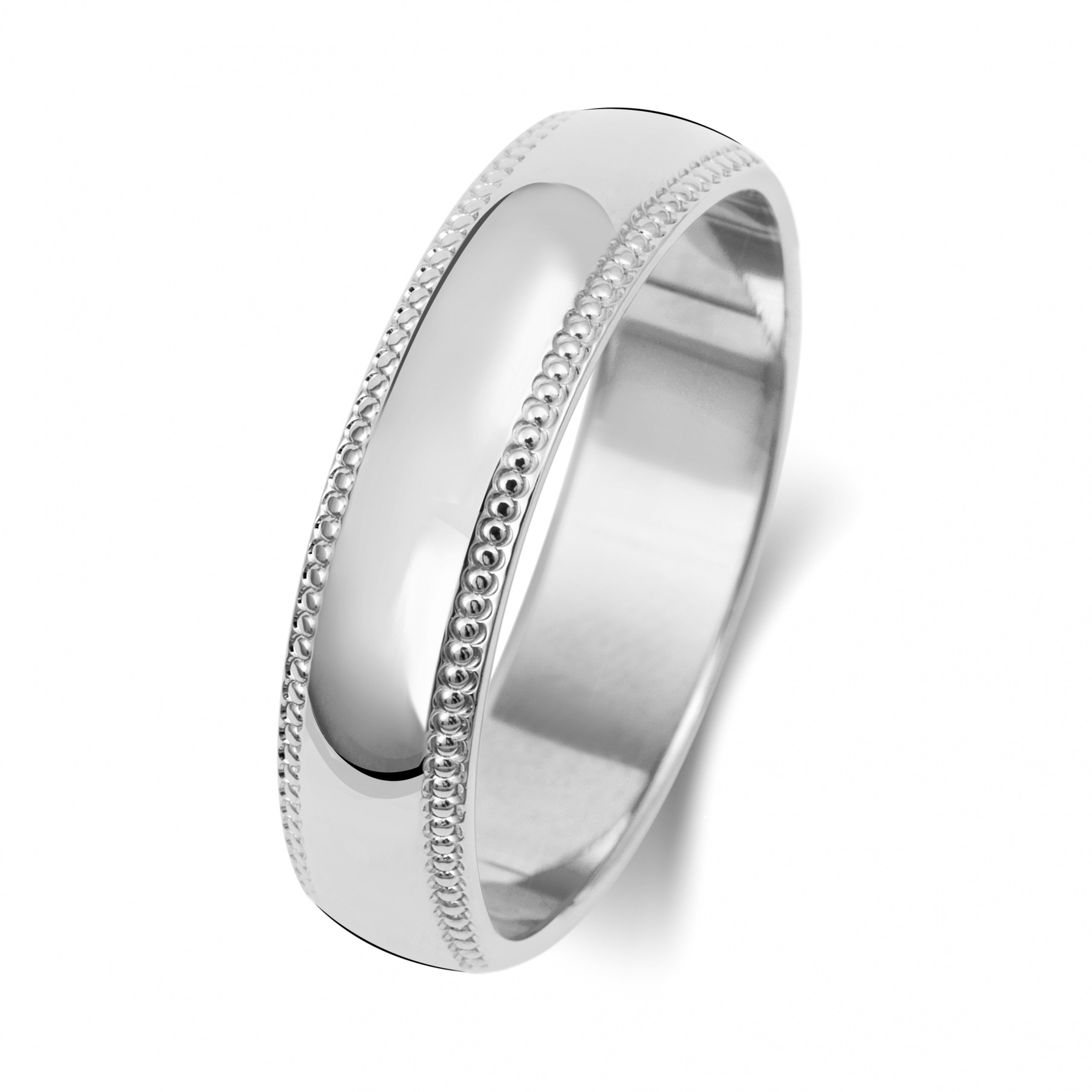 The 9CT WHITE GOLD 5MM MILL GRAIN EDGE WEDDING RING features a classic D shape and fine mill grain detailing along its beaded edge, displayed on a white background.