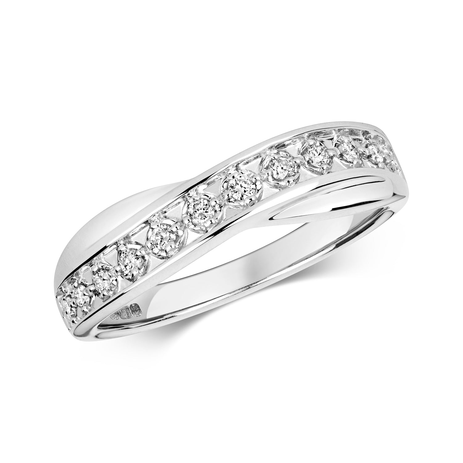 A 9ct white gold crossover diamond wedding ring with a twisted band, featuring round-cut diamonds totaling 0.12ct set along the top.
