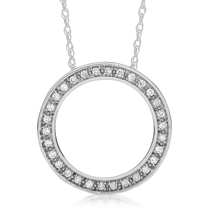 9ct white gold "Circle of Life" diamond pendant with chain, featuring a circular border set with 0.10cts of sparkling diamonds, elegantly suspended from a fine chain.