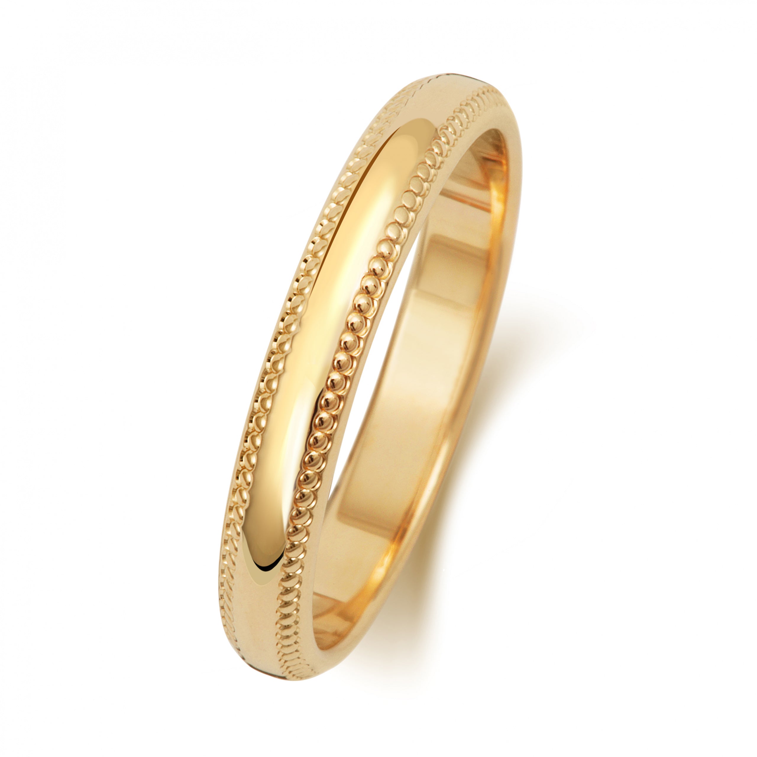 The 3MM Y/G MILL GRAIN BAND is a light 9ct gold wedding band, size L, featuring a polished finish and beaded milgrain edge, shown against a white background.