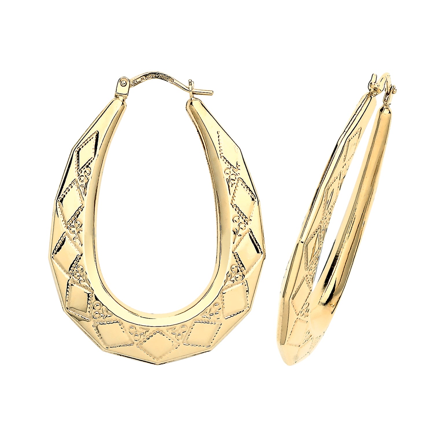 The 9CT GOLD X/LARGE OVAL HARLEQUIN CREOLE EARRINGS feature geometric textured engraving and a secure hinged snap fastening, shown against a white background.