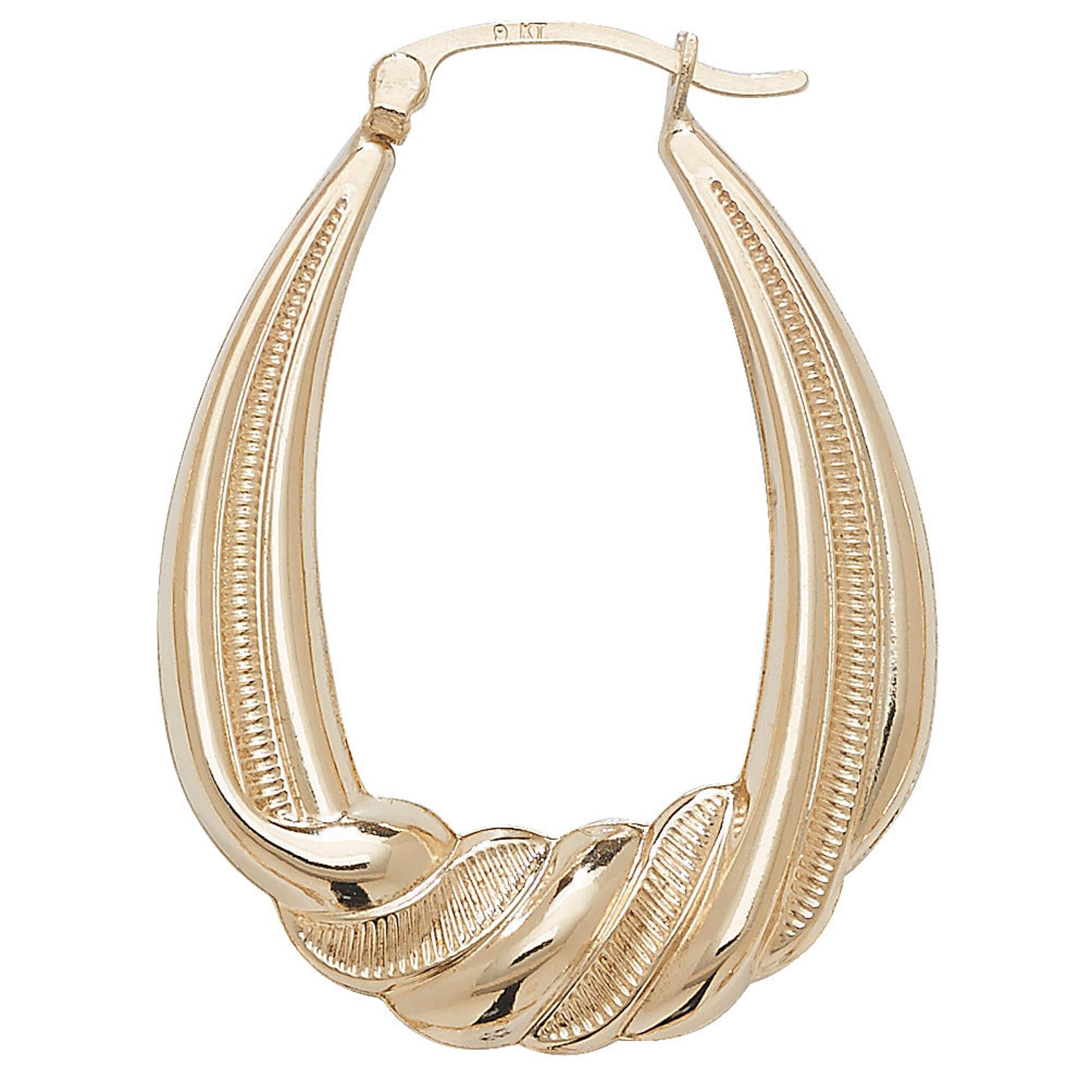 9ct gold large fold over ribbed creole hoop earrings, crafted in yellow gold with both textured and smooth finishes.