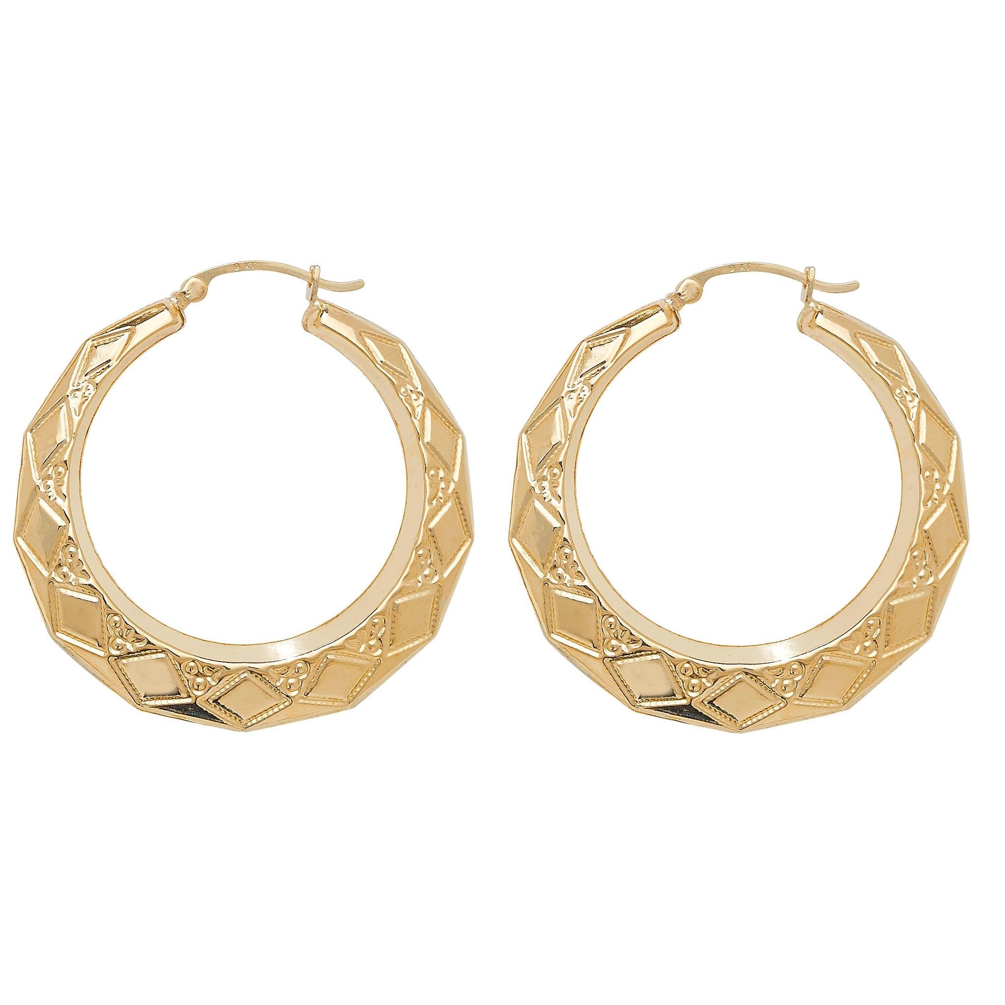 9CT GOLD XL Round Harlequin Creole Earrings in 9ct yellow gold with a faceted geometric pattern and hinged snap fastening, shown on a white background.