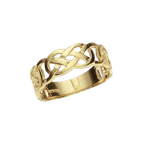 The 9ct Yellow Gold Celtic Design Wedding Band features an intricate openwork Celtic knot pattern, expertly crafted in 9ct yellow gold.