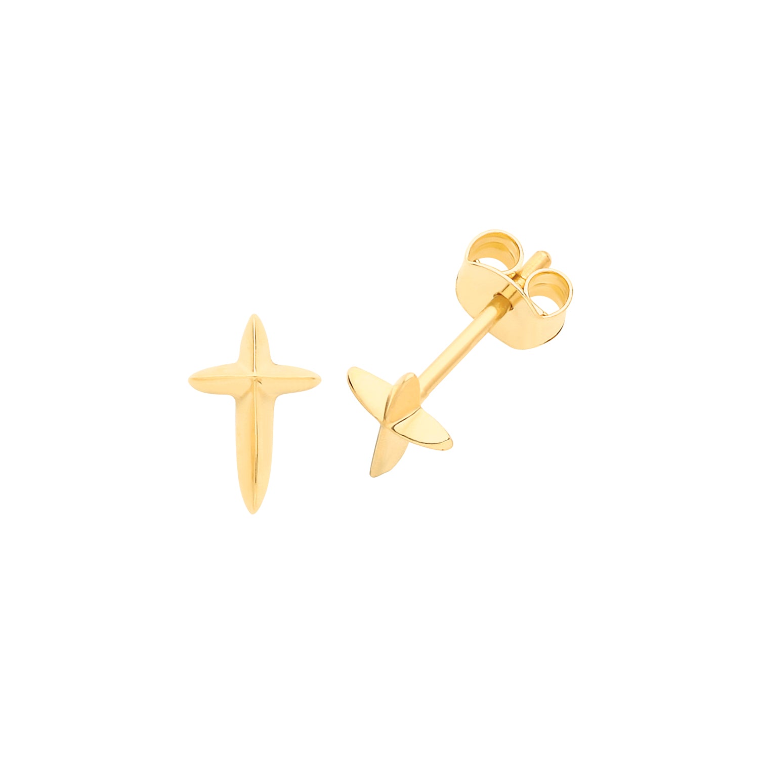 Introducing the 9ct YELLOW GOLD CROSS STUD EARRINGS—elegant cross-shaped studs crafted from 9ct gold, perfect for a classic look. Shown against a white background.