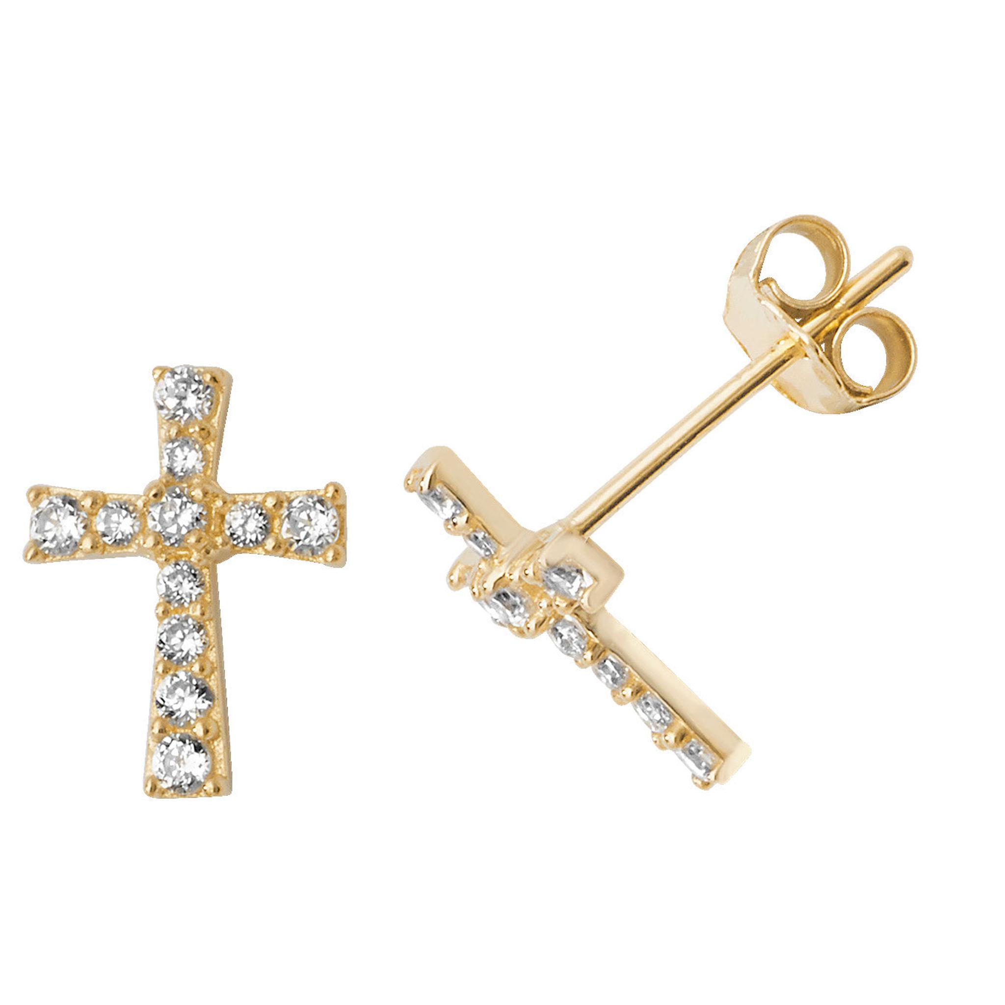 The 9CT GOLD CUBIC ZIRCONIA STONE SET CROSS STUD EARRINGS feature two 9ct yellow gold cross-shaped studs, each adorned with sparkling cubic zirconia stones; one earring is shown front-facing, the other in profile.