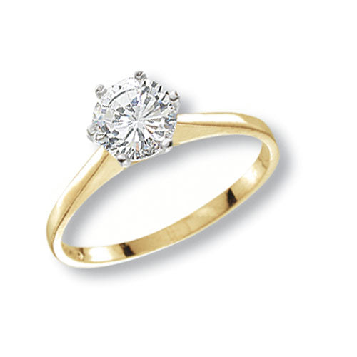 A 9ct gold ladies' ring featuring a single round-cut cubic zirconia solitaire in a classic six-prong setting.