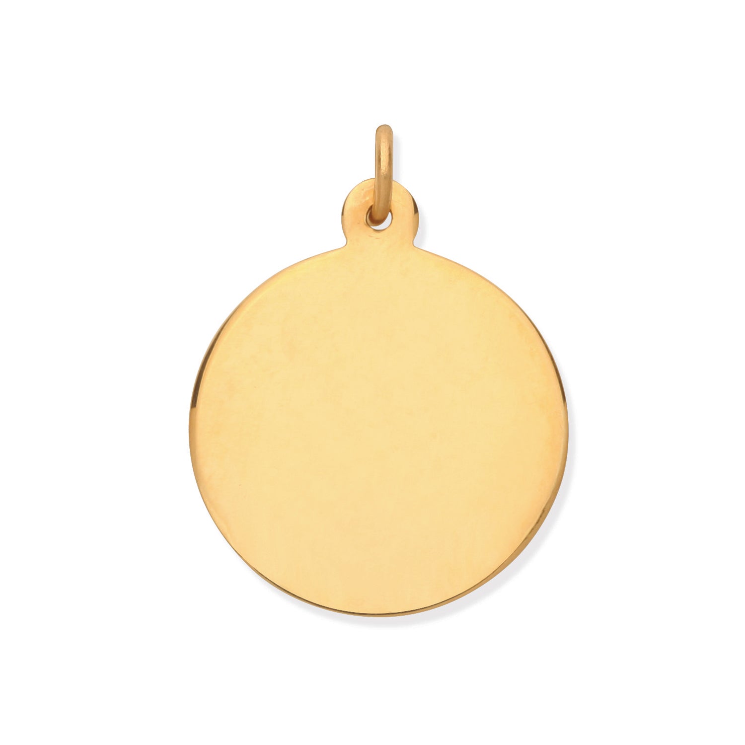 The 9CT YELLOW GOLD PLAIN ROUND DISC PENDANT features a simple, circular design with a small loop for attaching to a chain, shown against a white background.